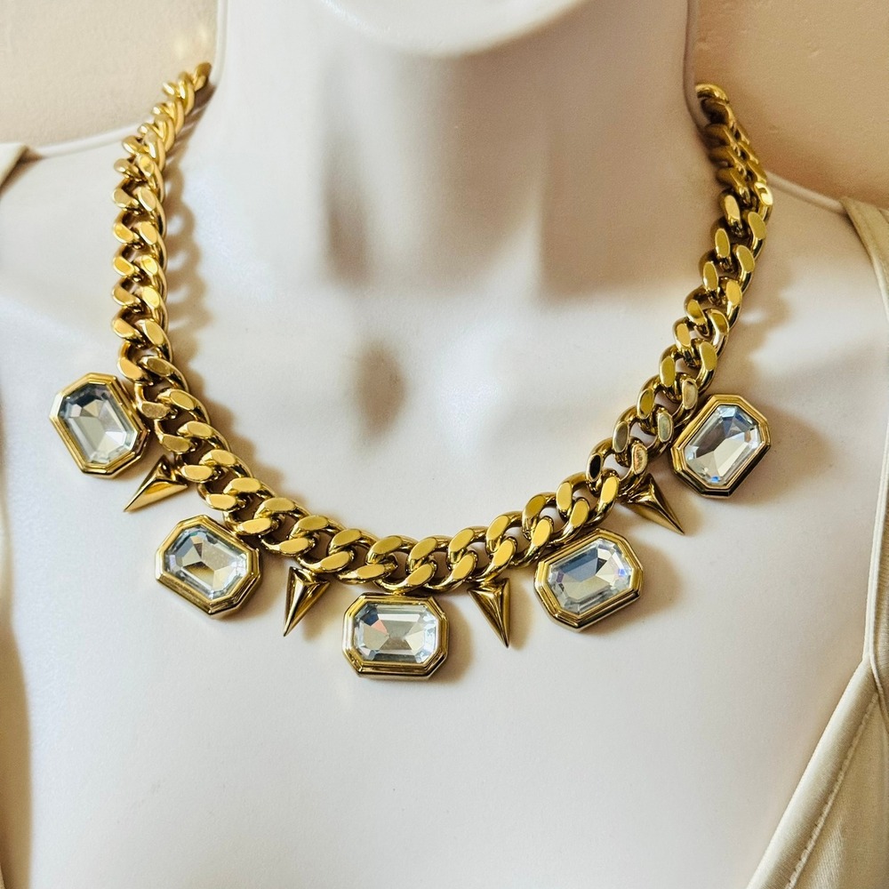 Juicy Couture Heavy Cuban Chain Necklace Crystal Rhinestone Statement Chunky 18"